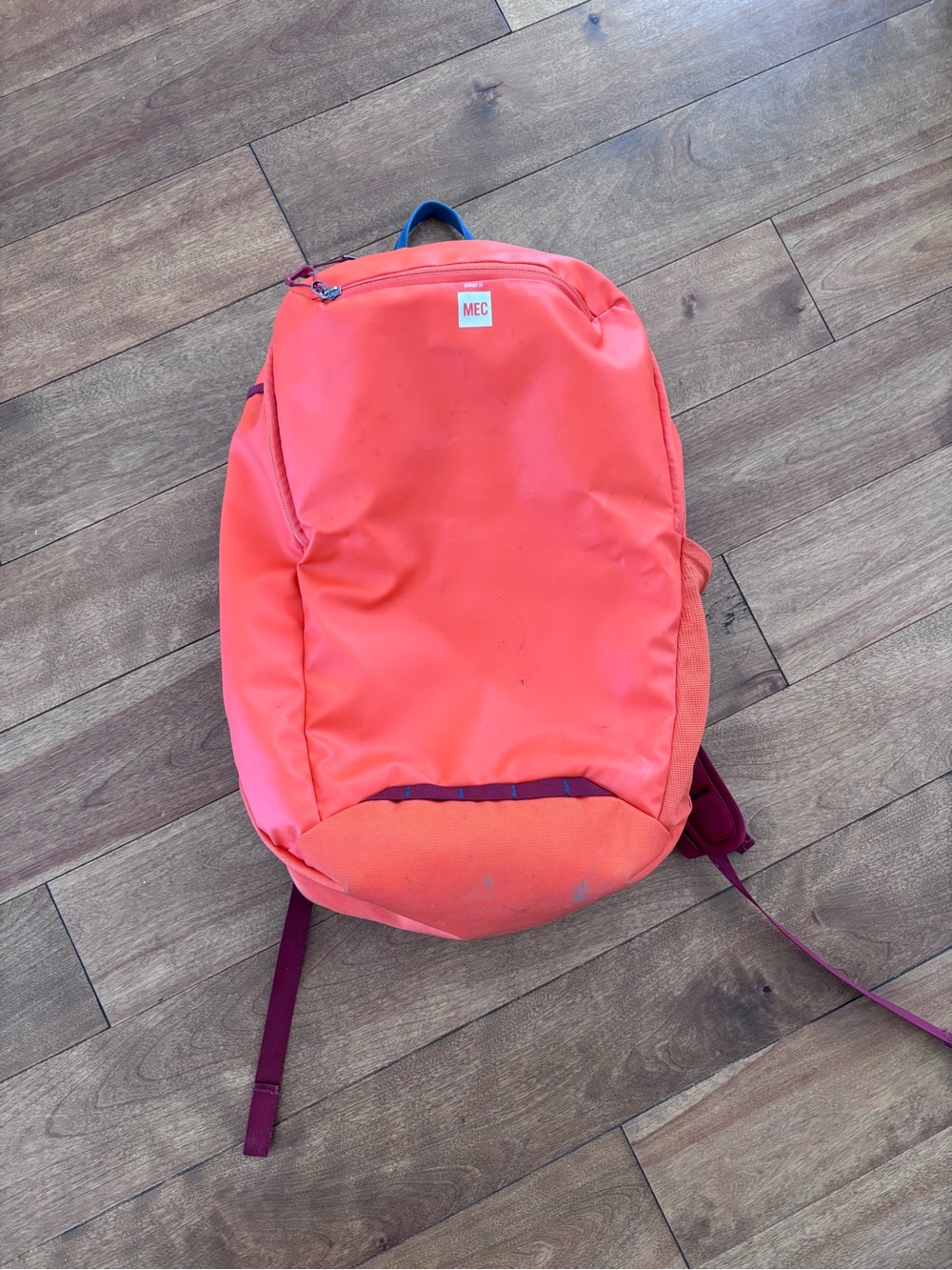 MEC Bright Coral Orange Backpack with Maroon Accents